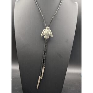 Vintage Nickel Silver Thunderbird Bolo Tie Stamped Western Braided Leather